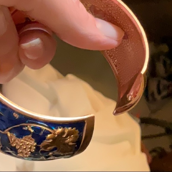 Signed Copper Tone and Blue Enamel Clamp Close Bracelet Grapes Motif - Picture 7 of 13